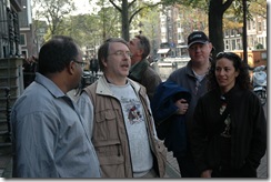 Nik and Charles in front of Anne Frank house. Charles orates. Forgot about what though.